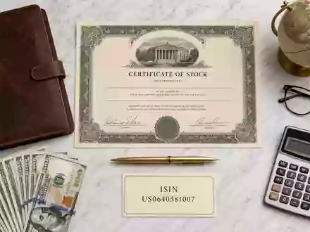 Flatlay mit Aktienzertifikat und ISIN-Karte US0640581007 der Bank of New York Mellon - Foto: THN