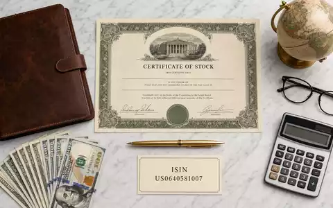 Flatlay mit Aktienzertifikat und ISIN-Karte US0640581007 der Bank of New York Mellon - Foto: THN