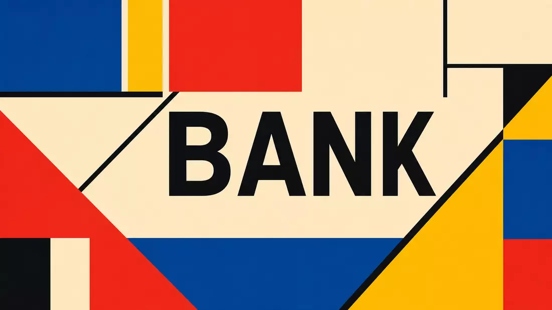 Geometrisches Bauhaus-Poster in Primärfarben mit dem Sektortext BANK in Großbuchstaben