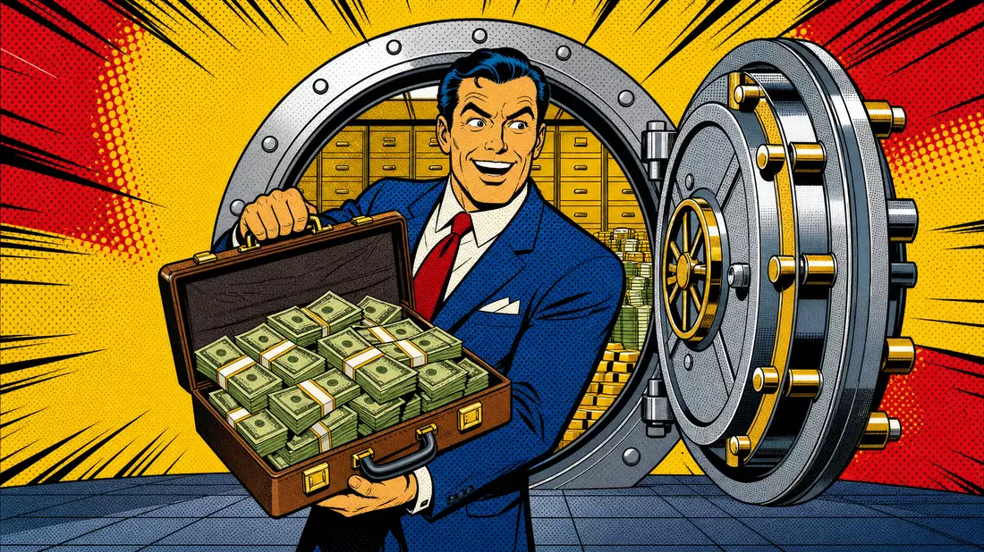 Lebhaftes Pop-Art-Comic mit Banker vor Tresor, Halbtonpunkte und kräftige Primärfarben