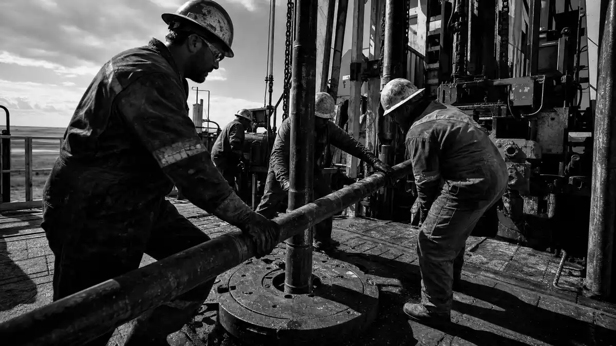 Schwarzweiß-Reportage von Bohrarbeitern auf einem Baker Hughes Co. Rig