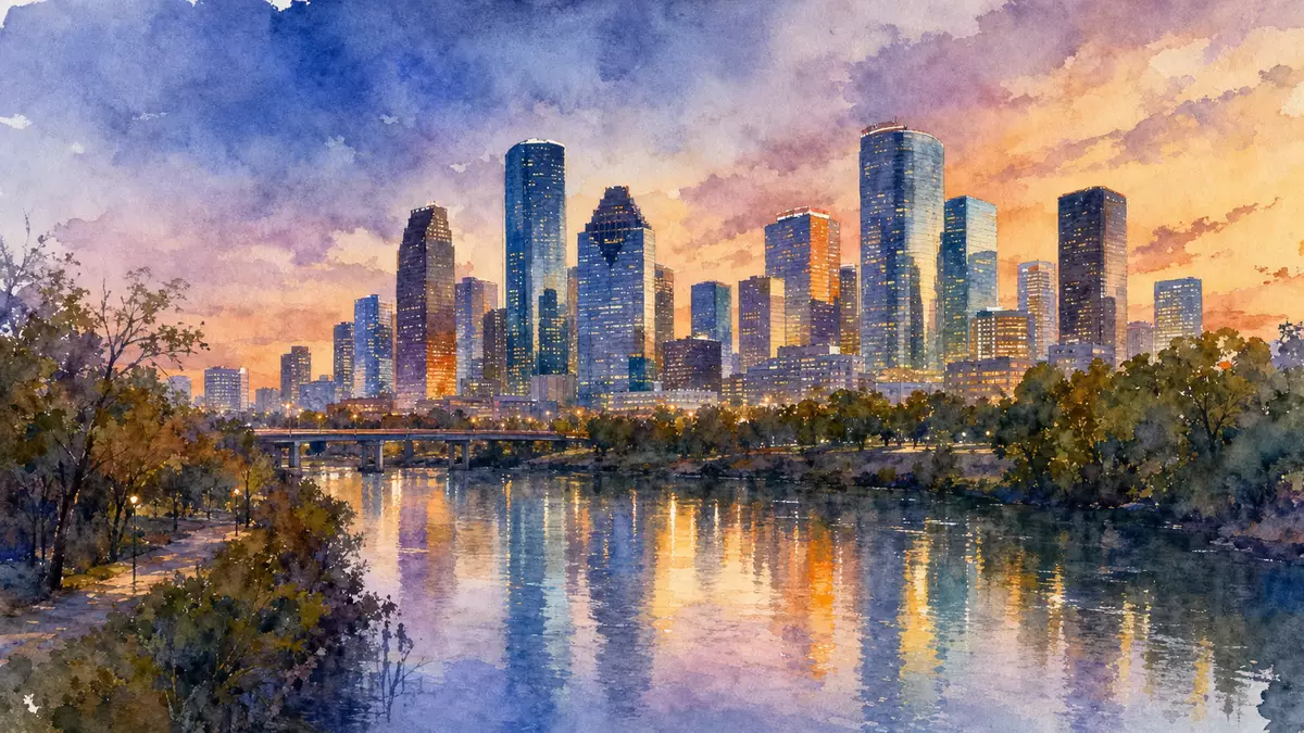 Aquarell-Illustration der Houston Skyline für Baker Hughes Co
