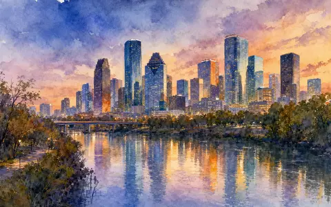 Baker Hughes Co. Heimatstadt Houston als Aquarell-Skyline, Unternehmen mit ISIN US0567521085 gelistet - Foto: THN