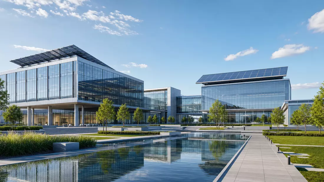 Architektur-Render eines modernen Energie-Campus passend zu Baker Hughes Co