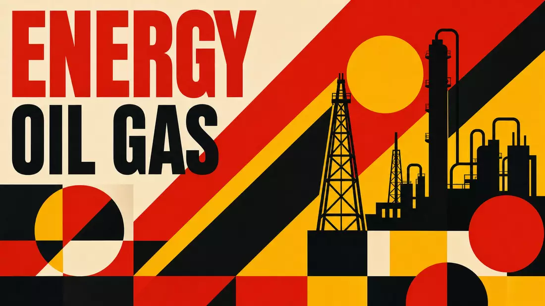 Bauhaus-Poster mit Öl-Gas-Silhouetten und ENERGY OIL GAS Text für Baker Hughes Co