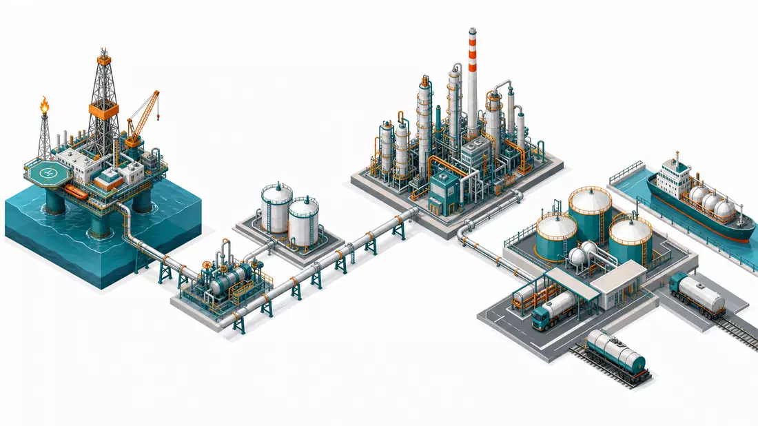 Isometrisches 3D-Diagramm der Öl-Gas-Wertschöpfungskette von Baker Hughes Co
