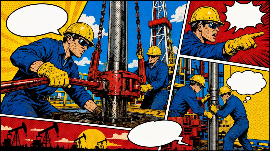 Pop-Art-Comic-Szene mit Bohrarbeitern auf einem Öl-Rig für Baker Hughes Co