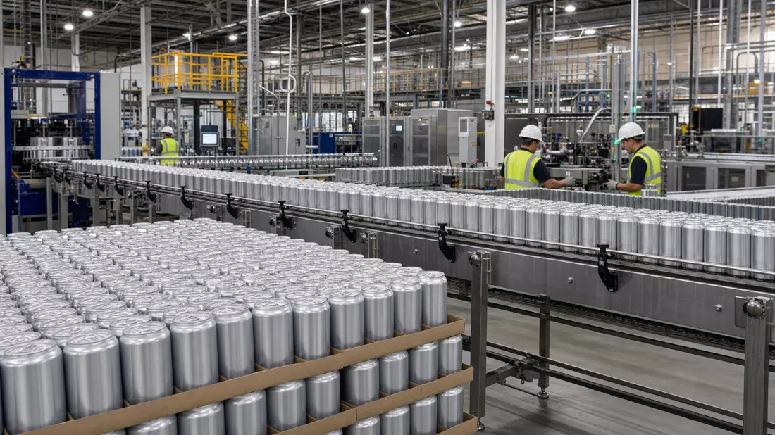 Fotorealistisches Bild einer Aluminiumdosen-Fabrik mit Förderbändern und Arbeitern