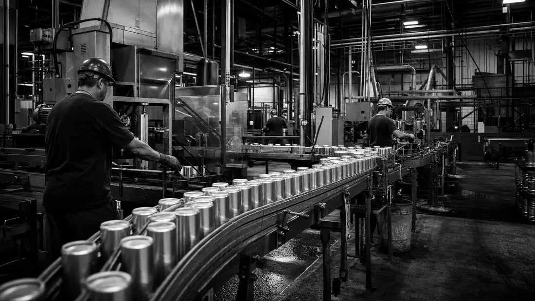 Schwarz-Weiß-Reportagefoto von Arbeitern an einer Aluminiumdosen-Produktionslinie