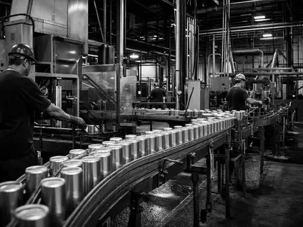 Ball Corp. ISIN US05722G1004: Schwarz-Weiß-Reportage zeigt Arbeiter an der industriellen Aluminiumdosen-Produktionslinie im Werk - Foto: THN