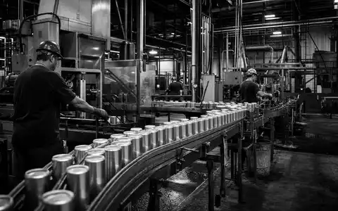 Ball Corp. ISIN US05722G1004: Schwarz-Weiß-Reportage zeigt Arbeiter an der industriellen Aluminiumdosen-Produktionslinie im Werk - Foto: THN
