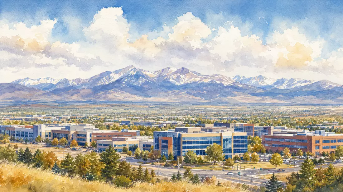 Aquarell-Illustration des Westminster Colorado Stadtpanoramas mit Rocky Mountains im Hintergrund
