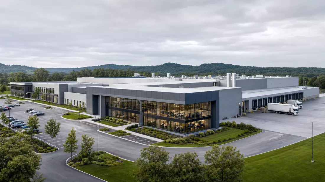 Architektur-Render einer modernen Aluminiumverpackungsfabrik mit Glasfassade und Parkanlage