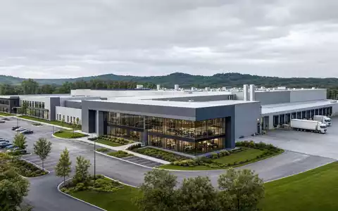 Ball Corp. ISIN US05722G1004 zeigt modernes Produktionswerk als architektonisches CGI-Render mit groĂer Glasfassade - Foto: THN
