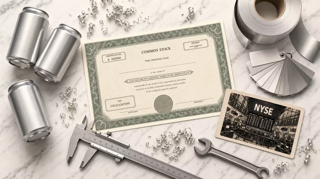 Flatlay mit Aktienzertifikat, silbernen Aluminiumdosen, Schieblehre und NYSE-Karte auf Marmor