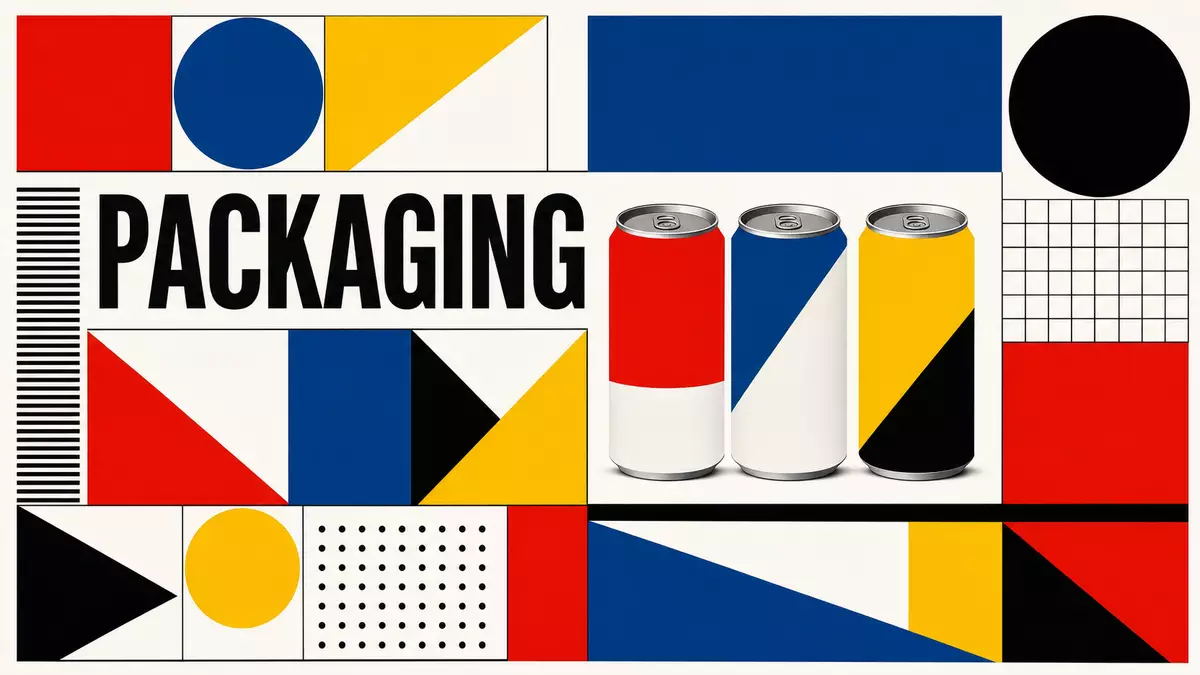 Bauhaus-Poster mit geometrischen Formen, Primärfarben und dem Text PACKAGING für Verpackungssektor