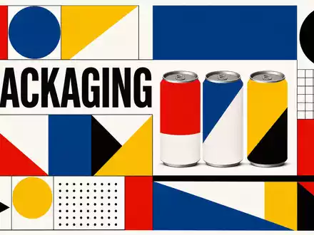 Ball Corp. ISIN US05722G1004 im Bauhaus-Poster mit geometrischen PrimÀrfarben und dem Sektortext PACKAGING gestaltet - Foto: THN