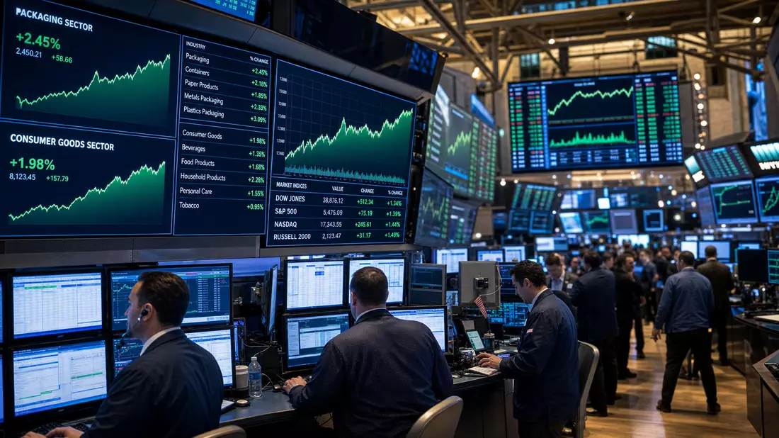 Editorial-Foto des NYSE-Handelsraums mit Verpackungssektor-Charts und beschäftigten Händlern