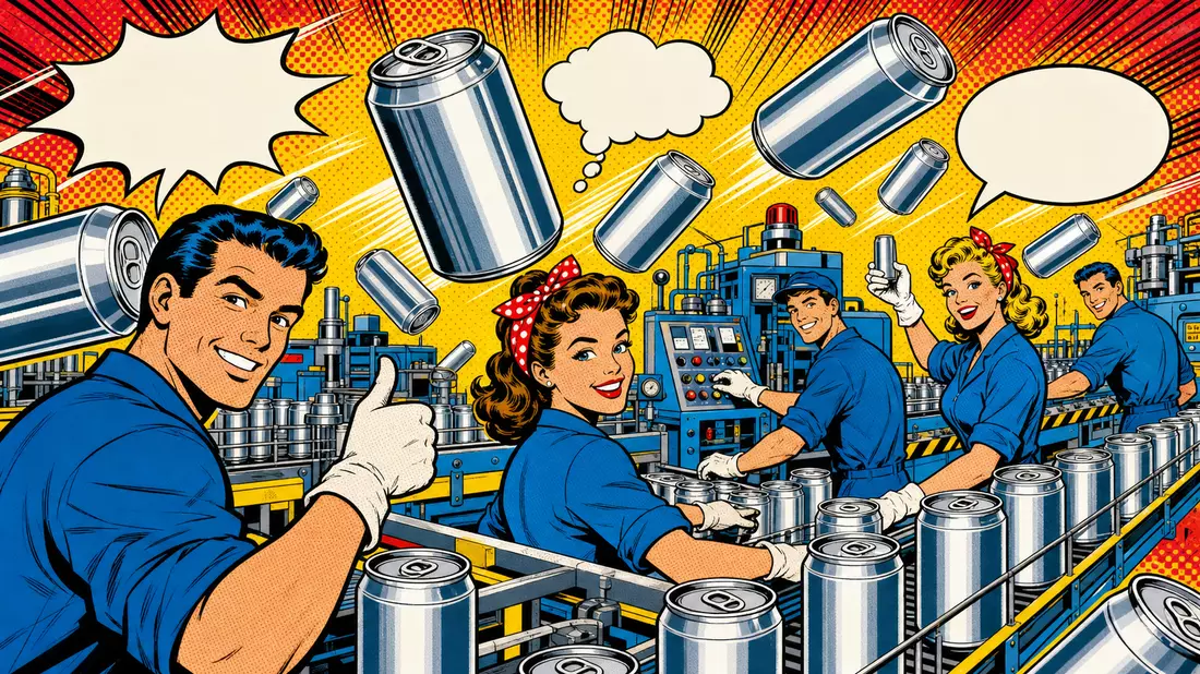 Pop-Art-Comic von fröhlichen Fabrikarbeitern in blauer Kleidung mit fliegenden Aluminiumdosen