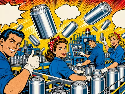 Ball Corp. ISIN US05722G1004 als Pop-Art-Comic: fröhliche Fabrikarbeiter und fliegende Aluminiumdosen bunt - Foto: THN