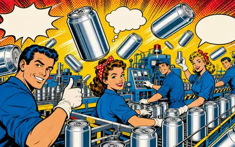 Ball Corp. ISIN US05722G1004 als Pop-Art-Comic: fröhliche Fabrikarbeiter und fliegende Aluminiumdosen bunt - Foto: THN