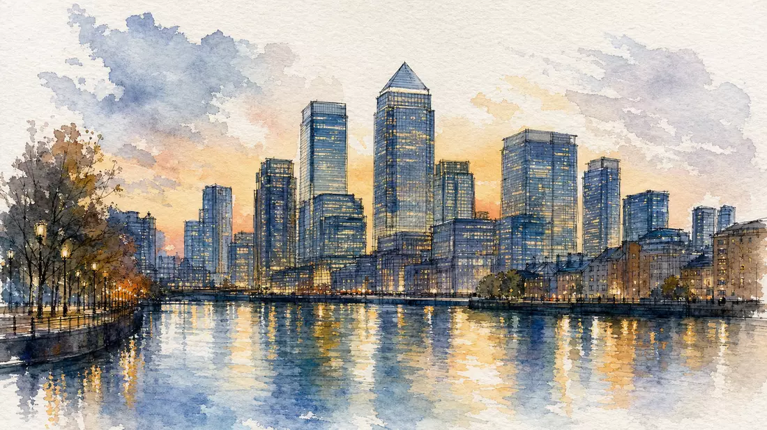 Aquarell einer abendlichen Finanzdistriktskyline mit Türmen und Wasserreflexion
