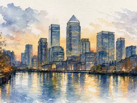 Bank of America Corp. zeigt eine Finanzdistrikt-Skyline als Aquarellgemälde mit Flussreflexion, ISIN US0605051046 - Foto: THN