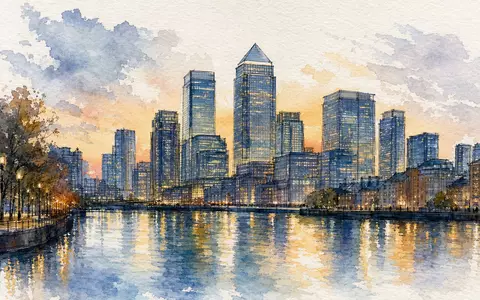 Bank of America Corp. zeigt eine Finanzdistrikt-Skyline als Aquarellgemälde mit Flussreflexion, ISIN US0605051046 - Foto: THN