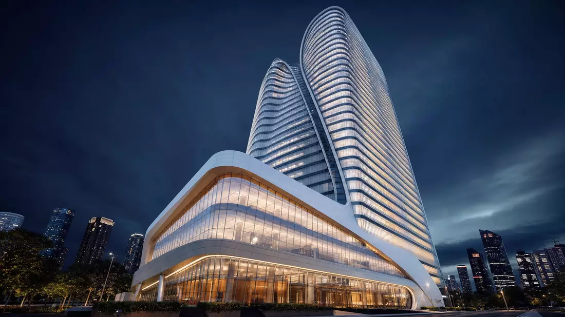 3D-Architekturrender eines futuristischen Bankturms bei Nacht mit leuchtendem Innenraum