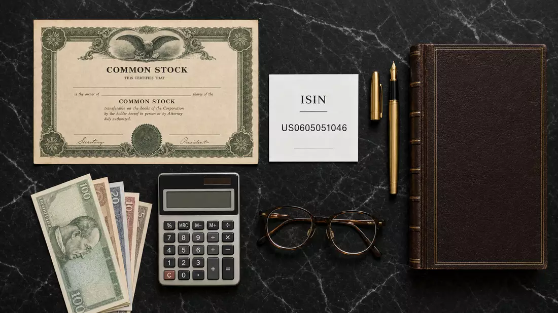 Flatlay-Arrangement mit Aktienzertifikat, ISIN-Karte, Taschenrechner und Füller