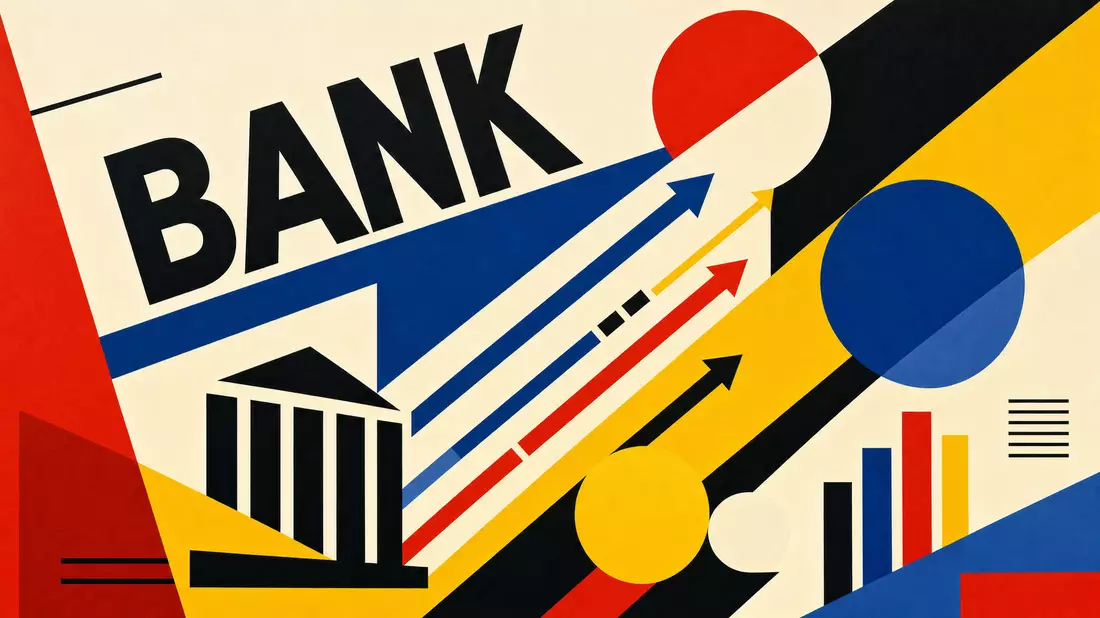 Bauhaus-Poster mit geometrischen Formen, Text BANK und konstruktivistischer Farbgebung