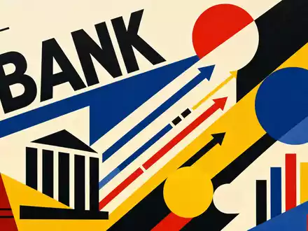 Bank of America Corp. als Bauhaus-Poster geometrisch mit Sektor-Text BANK und Finanzformen, ISIN US0605051046 - Foto: THN