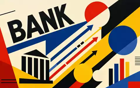 Bank of America Corp. als Bauhaus-Poster geometrisch mit Sektor-Text BANK und Finanzformen, ISIN US0605051046 - Foto: THN