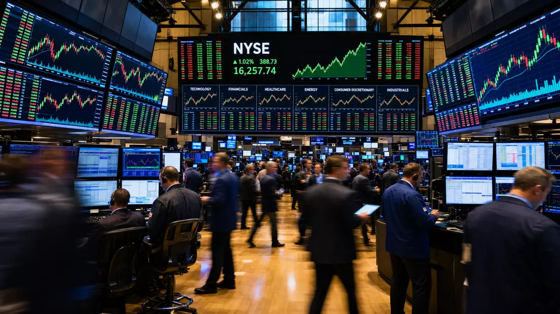 Editorialfoto des NYSE-Handelsparkett mit Händlern und Kursbildschirmen