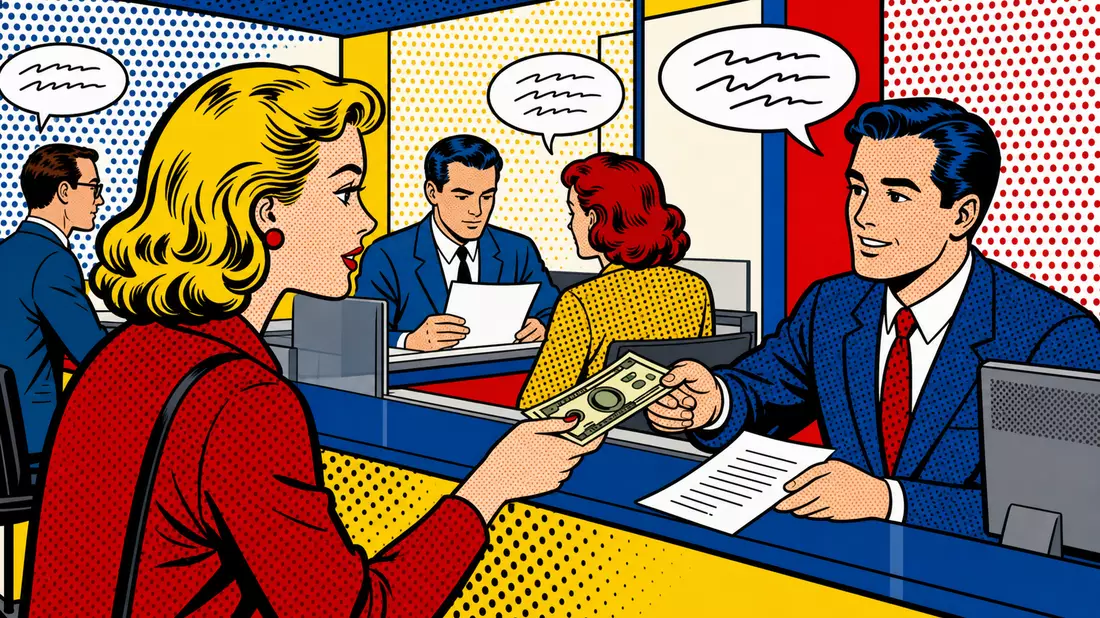 Pop-Art-Comic im Lichtenstein-Stil mit Bankszene, Ben-Day-Punkte und Sprechblasen