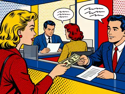 Bank of America Corp. als Pop-Art-Comic mit Bankschalterszene und bunten Raster-Punkten, ISIN US0605051046 - Foto: THN