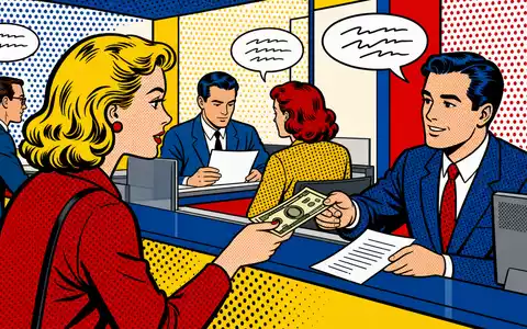 Bank of America Corp. als Pop-Art-Comic mit Bankschalterszene und bunten Raster-Punkten, ISIN US0605051046 - Foto: THN