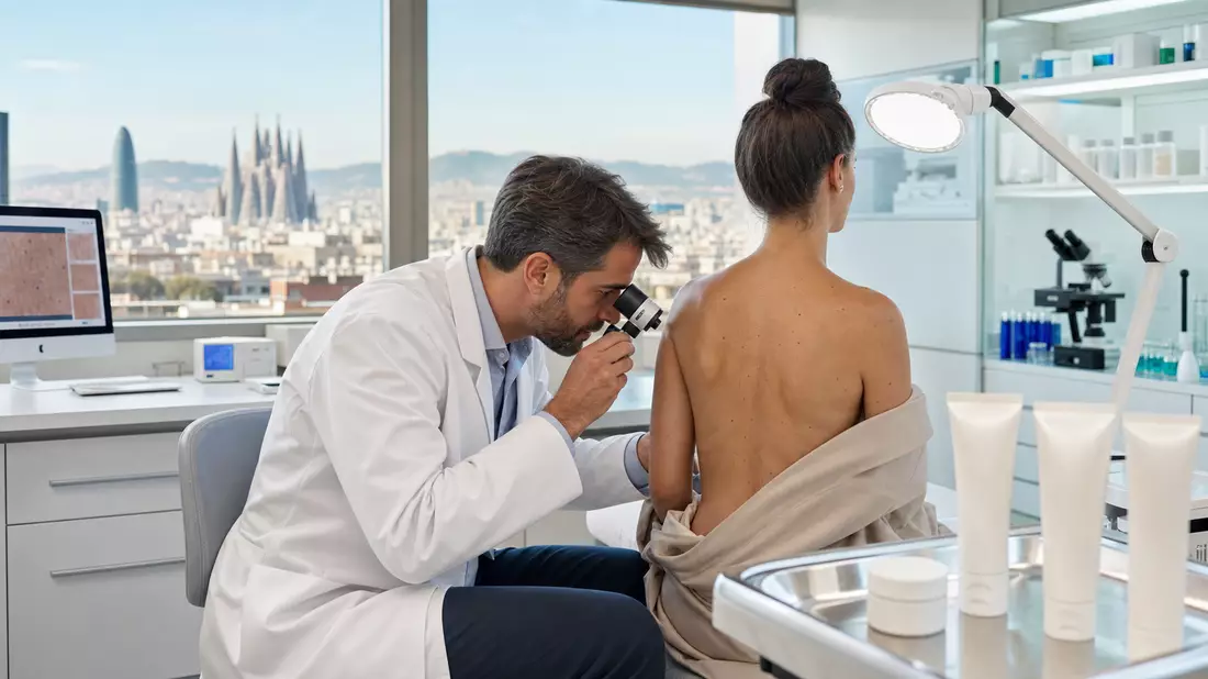Dermatologe untersucht Patientenrücken mit Dermatoskop vor Barcelona-Skyline