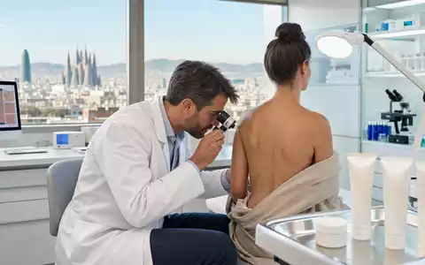 Almirall S.A. (ES0157097017) zeigt Dermatologie-Praxis mit Hautuntersuchung und unbeschrifteten Cremetuben in Barcelona - Foto: THN