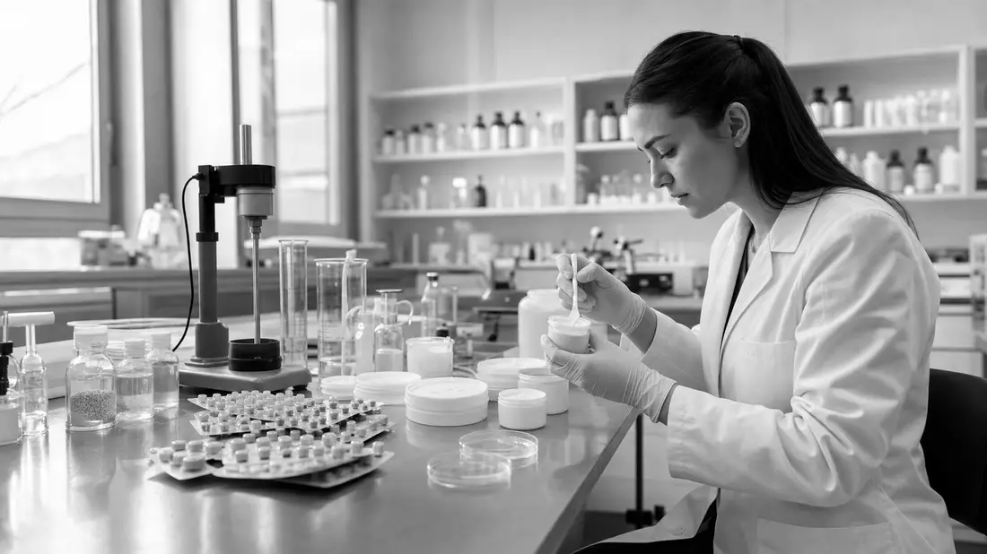 Schwarzweiß-Reportage einer Laborantin bei Hautpflegeformulierung mit Tablettenblistern