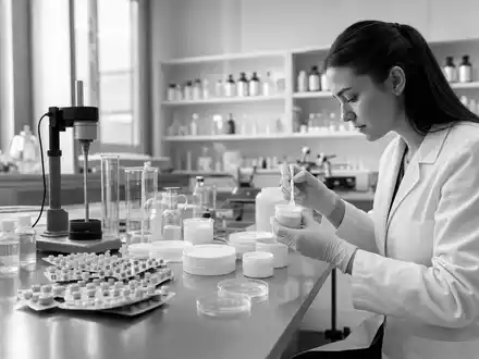 Almirall S.A. (ES0157097017) dokumentiert Pharmalabor in Schwarzweiß mit Tablettenblistern und Cremebehältern authentisch - Foto: THN