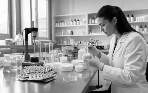 Almirall S.A. (ES0157097017) dokumentiert Pharmalabor in Schwarzweiß mit Tablettenblistern und Cremebehältern authentisch - Foto: THN