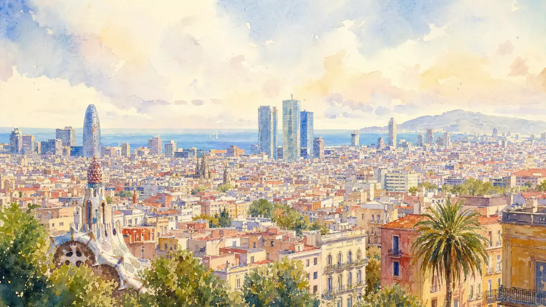Aquarellmalerei der Barcelona-Skyline mit modernen Bürotürmen im Mittelmeerlicht