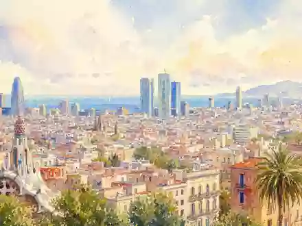 Almirall S.A. (ES0157097017) präsentiert die Barcelona-Skyline als Aquarell, Heimatstadt des IBEX-35-Pharmaunternehmens Almirall - Foto: THN