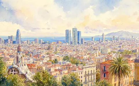 Almirall S.A. (ES0157097017) präsentiert die Barcelona-Skyline als Aquarell, Heimatstadt des IBEX-35-Pharmaunternehmens Almirall - Foto: THN