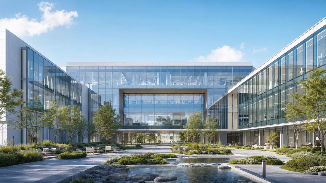 Architektur-Render eines modernen Glasgebäudes für pharmazeutische Forschung mit Innenhof