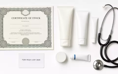 Almirall S.A. (ES0157097017) zeigt Flatlay mit Aktienzertifikat, ISIN-Karte, Cremetuben und Stethoskop arrangiert - Foto: THN