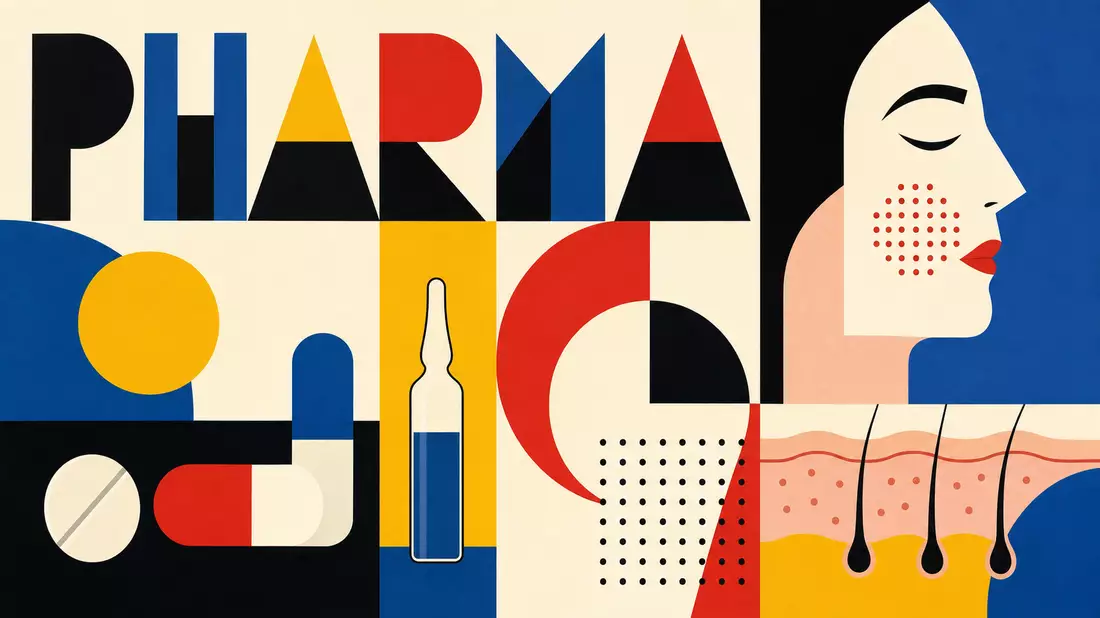 Bauhaus-Poster mit geometrischen Formen und dem Wort PHARMA in großer Typografie