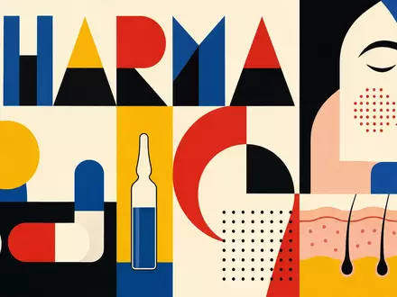 Almirall S.A. (ES0157097017) inspiriert Bauhaus-Poster mit geometrischen Formen und Schriftzug PHARMA für Dermatologie - Foto: THN