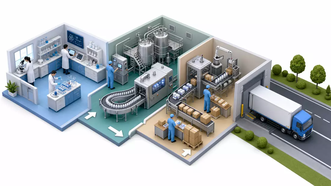 Isometrische 3D-Illustration einer Pharma-Wertschöpfungskette von Labor bis Lieferwagen